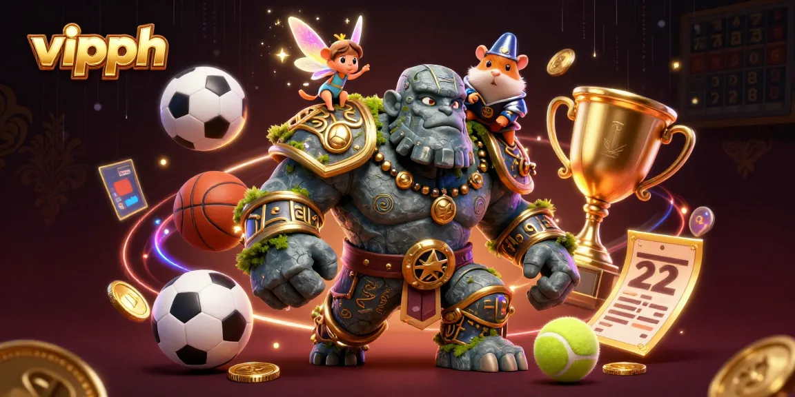Win big with vipph in a dynamic 3D casino scene featuring a magical golem and spirited characters.