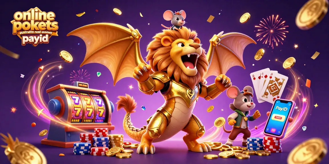 Enjoy winning with online pokies Australia real money through PayID, showcasing a 3D animated casino scene.