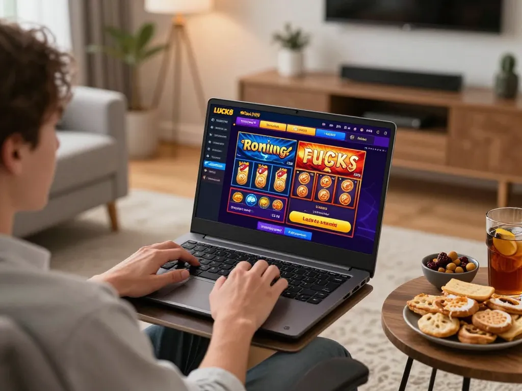 Player enjoying luck8 online gaming on a laptop in a cozy home setting