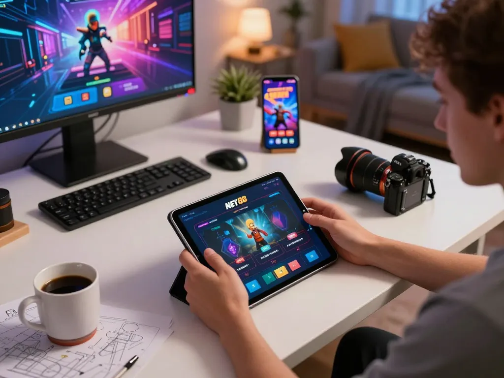 Person using the NET88 online casino app, enjoying mobile gaming experience at home