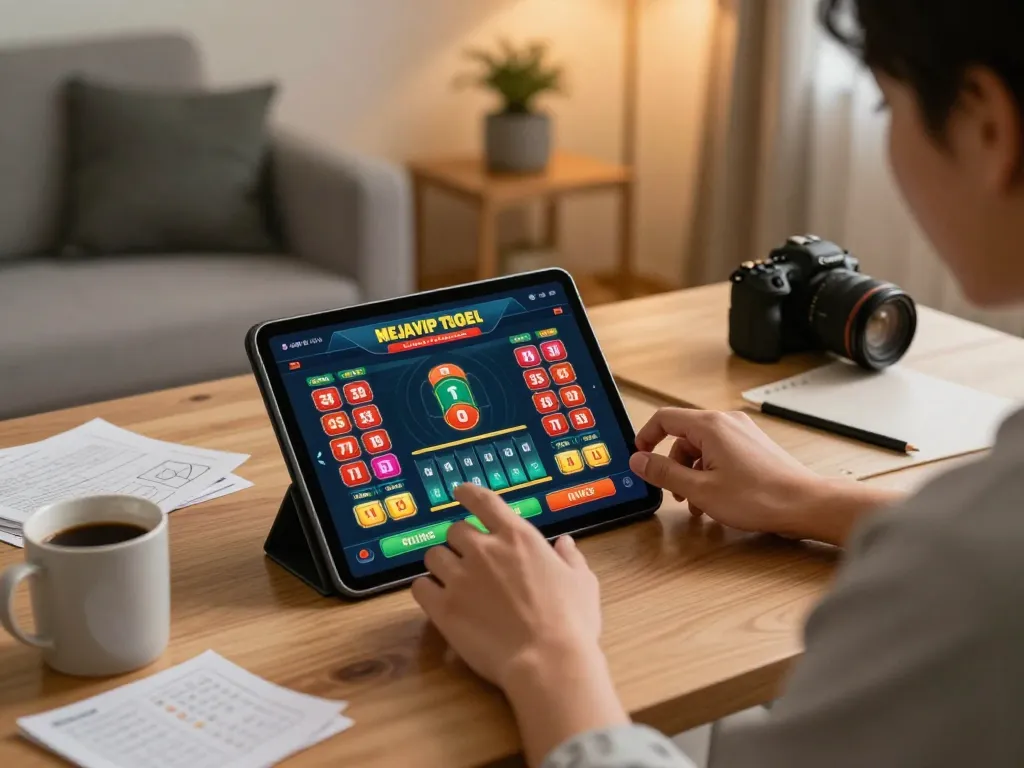 Scene menarik pemain menggunakan mejavip togel online di tablet di rumah, menunjukkan permainan strategis!