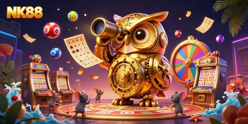 Engage with NK88's vibrant casino scene, featuring a whimsical golden owl and lively game elements.
