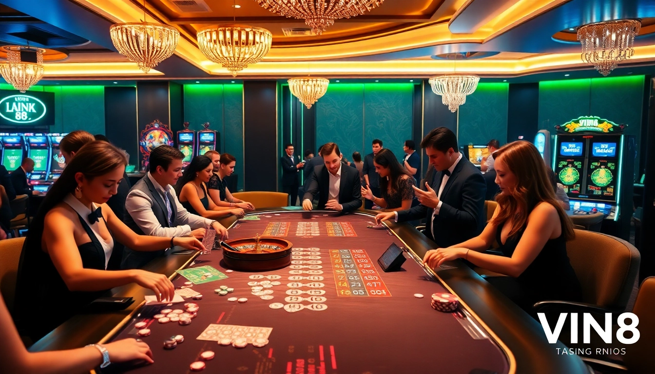 Experience the thrill of VIN 88's casino with stylish dealers and vibrant gaming tables.