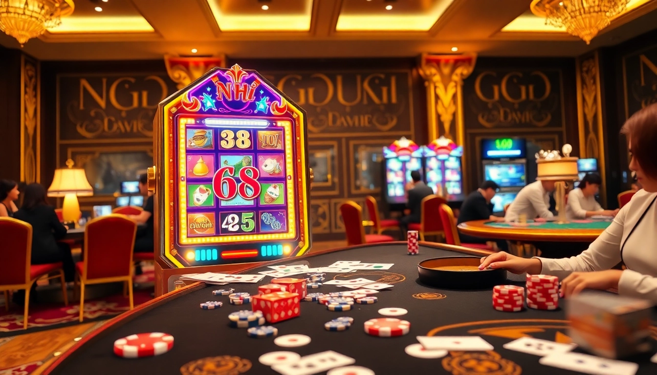 Experience the thrill of Nổ Hũ Club 68 Game Bài with a vibrant casino scene featuring luxurious slot machines and excited gamblers.