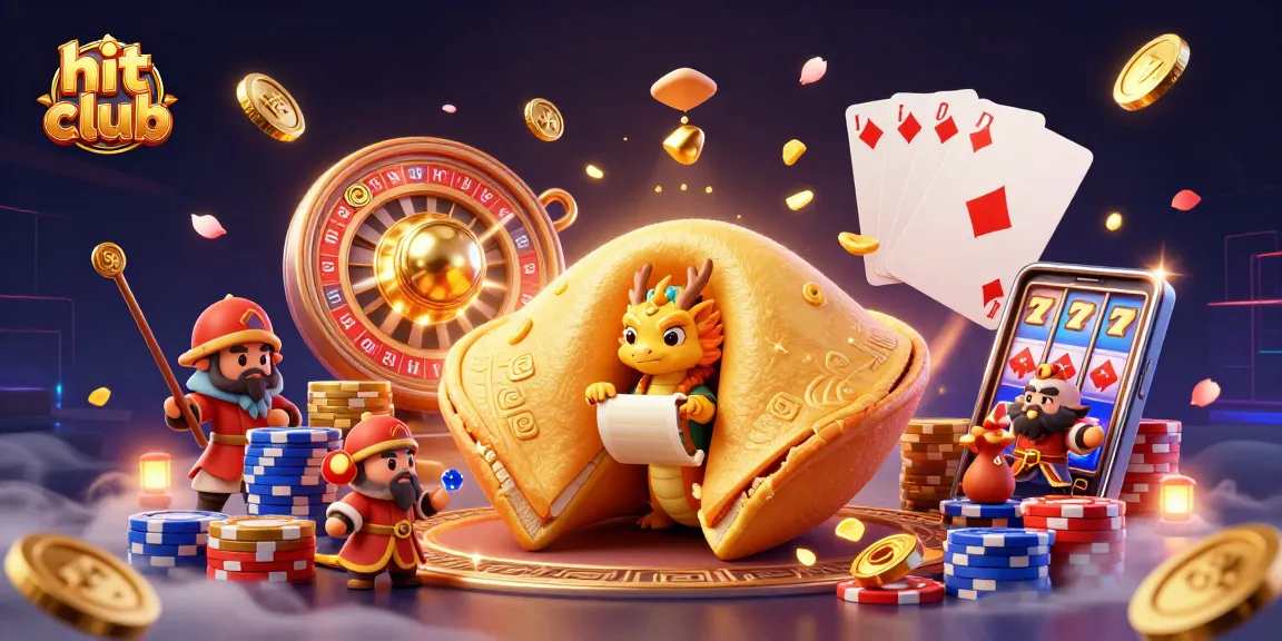 Experience thrilling gameplay at hit club with a 3D illustration of a fortune cookie, dragon, and casino elements.