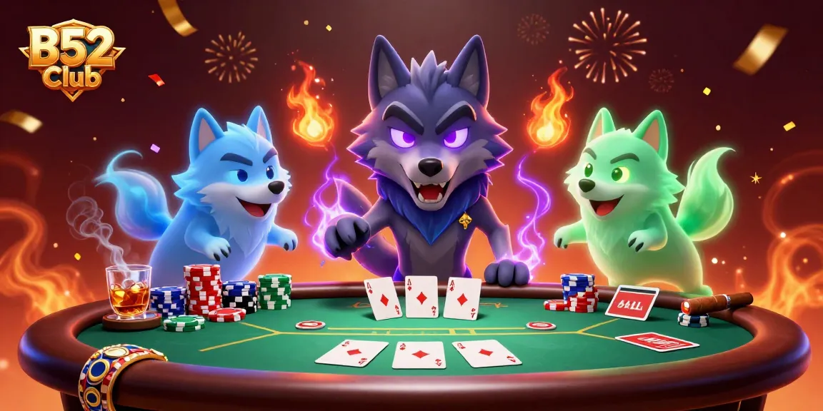 B52 Club engages players with poker excitement, featuring a wolf pack leader surrounded by vibrant casino elements.
