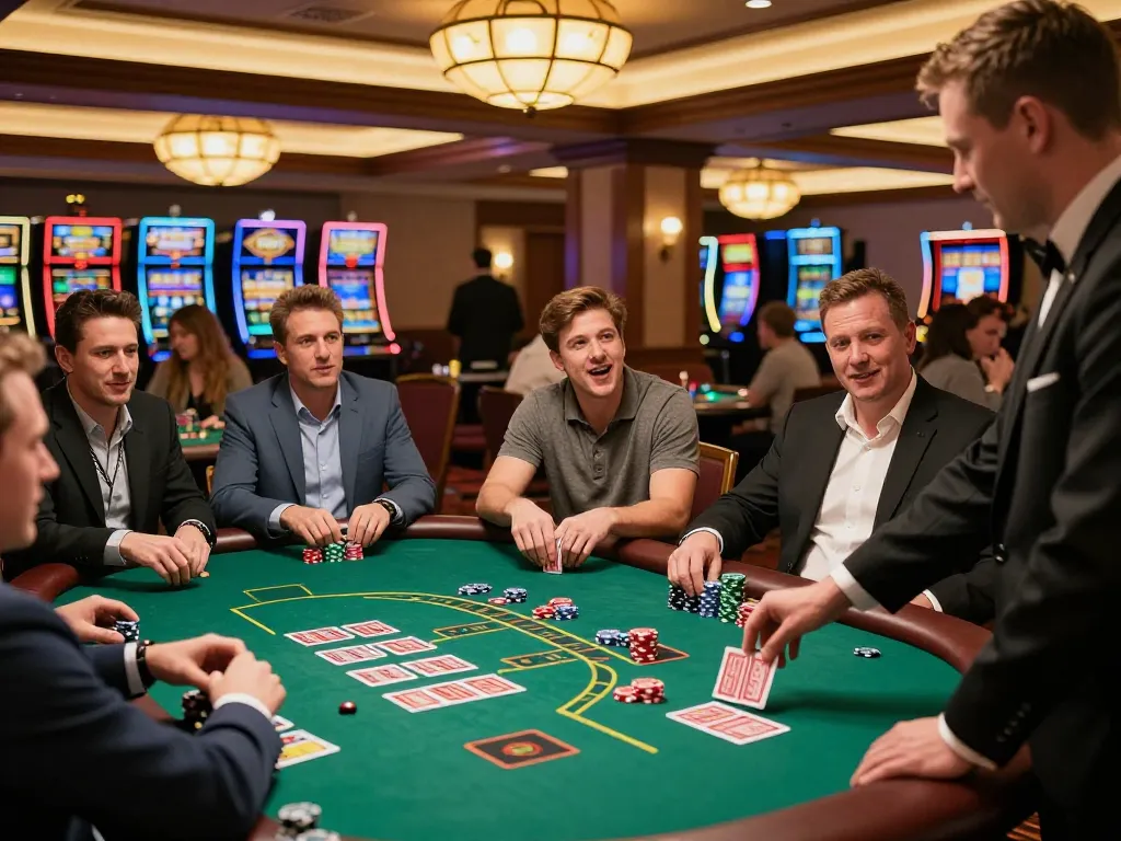 Players betting strategically at a CWIN blackjack table in an energetic casino, chips and cards in action.