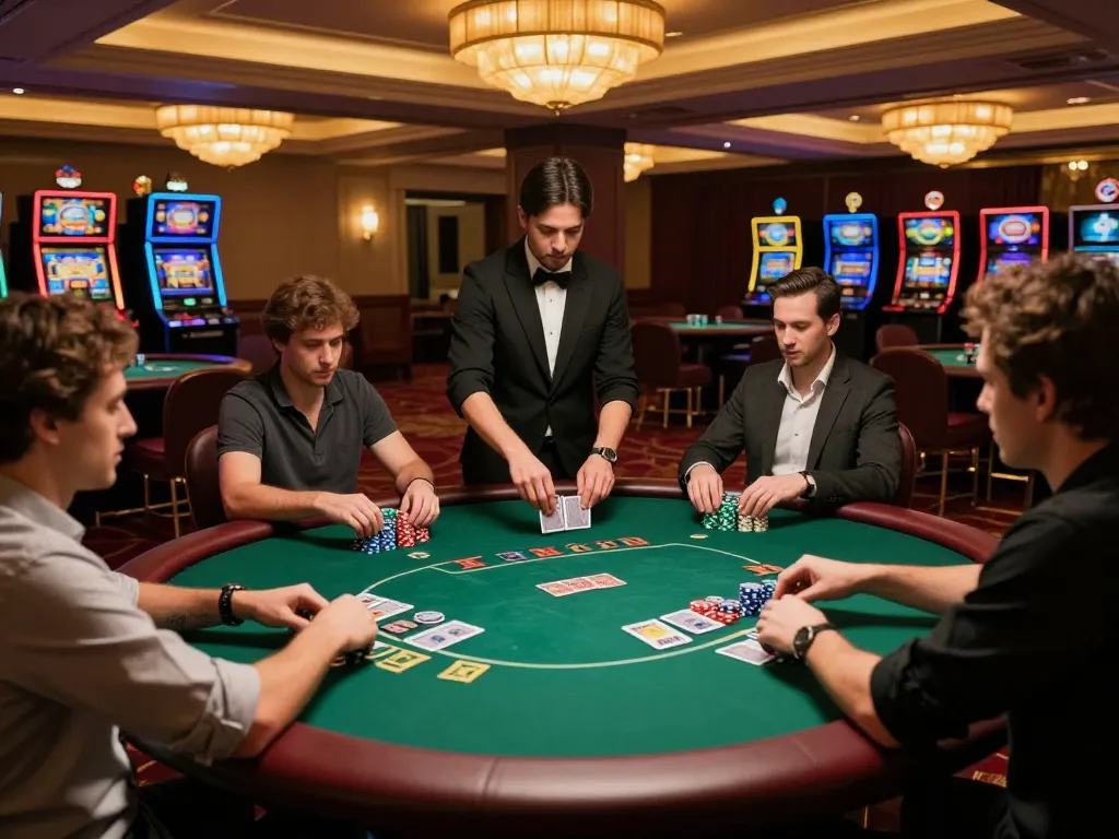 Players in a lively poker game at fly88 casino enjoying strategic moments while chips stack high.