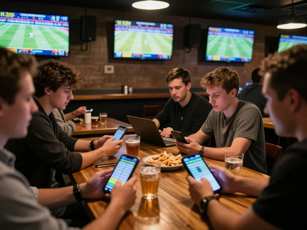 People strategizing while placing bets in a sports betting environment, highlighting ty le keo nha cai dynamics