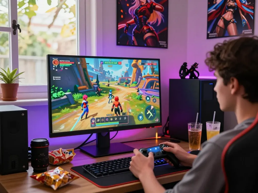 Engaging scene of a player enjoying a hentai game, surrounded by vibrant fantasy graphics and a cozy gaming setup.
