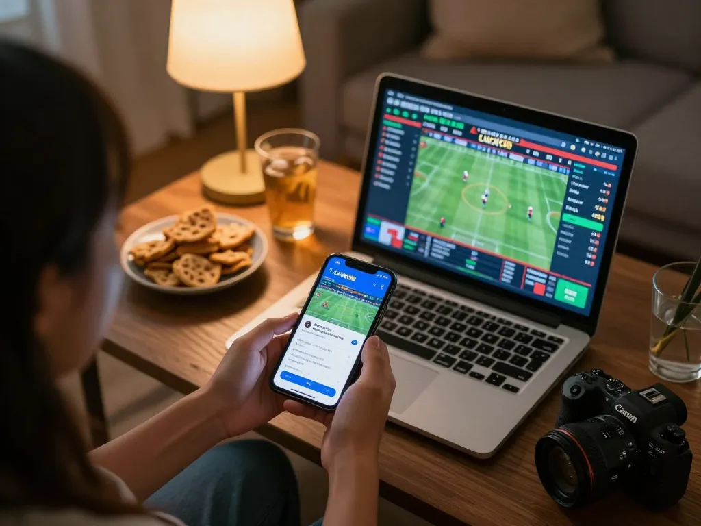 Engage in online betting with Lucky88 - smartphone and laptop betting setup in a cozy room
