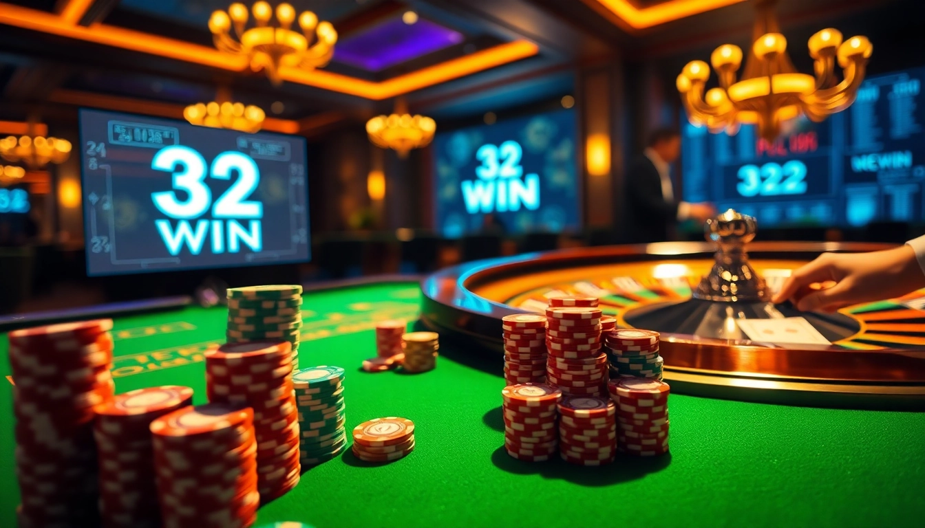 A dynamic casino scene showcasing vibrant poker chips and roulette, embodying 32 WIN excitement.