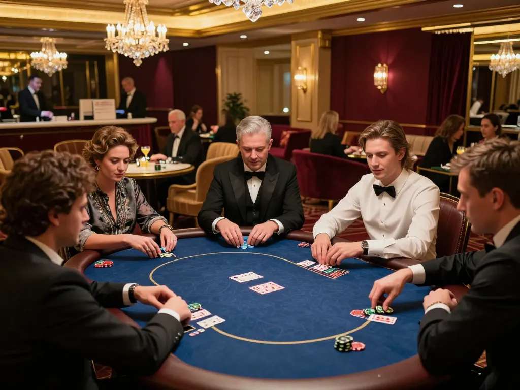 High-stakes poker action at a VIP casino lounge featuring luxurious decor and intense gameplay, vipwin focus