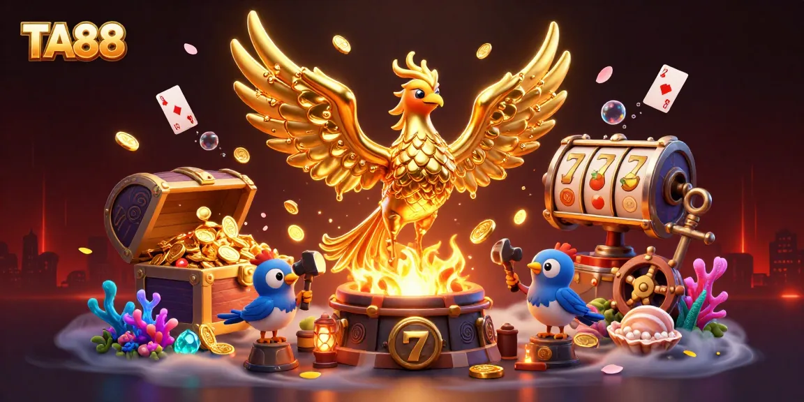 TA88 shines as a golden phoenix rises from the forge with vibrant slot games elements.
