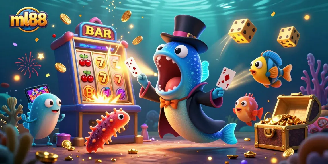 ml88 showcases a vibrant underwater casino scene with unique characters and exciting gaming elements.