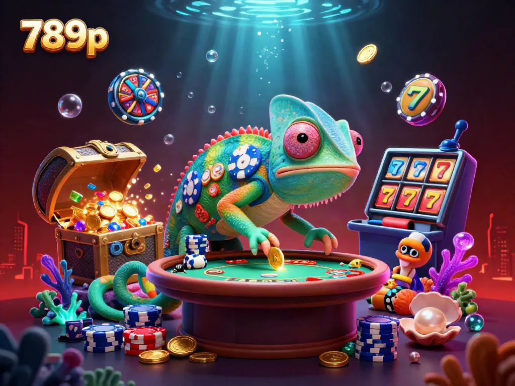 Experience vibrant gaming with 789p's chameleon casino owner surrounded by slot machine reels and treasure in a dynamic underwater scene.