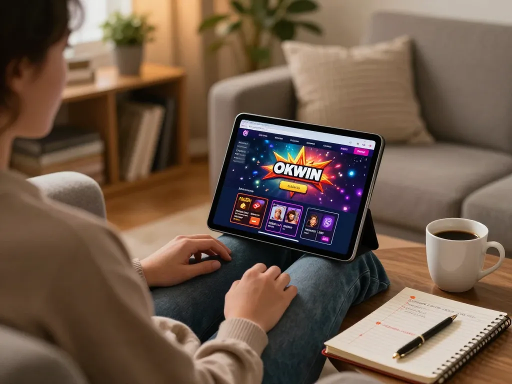 Player enjoying online casino games on OKWIN app at home with strategic notes.