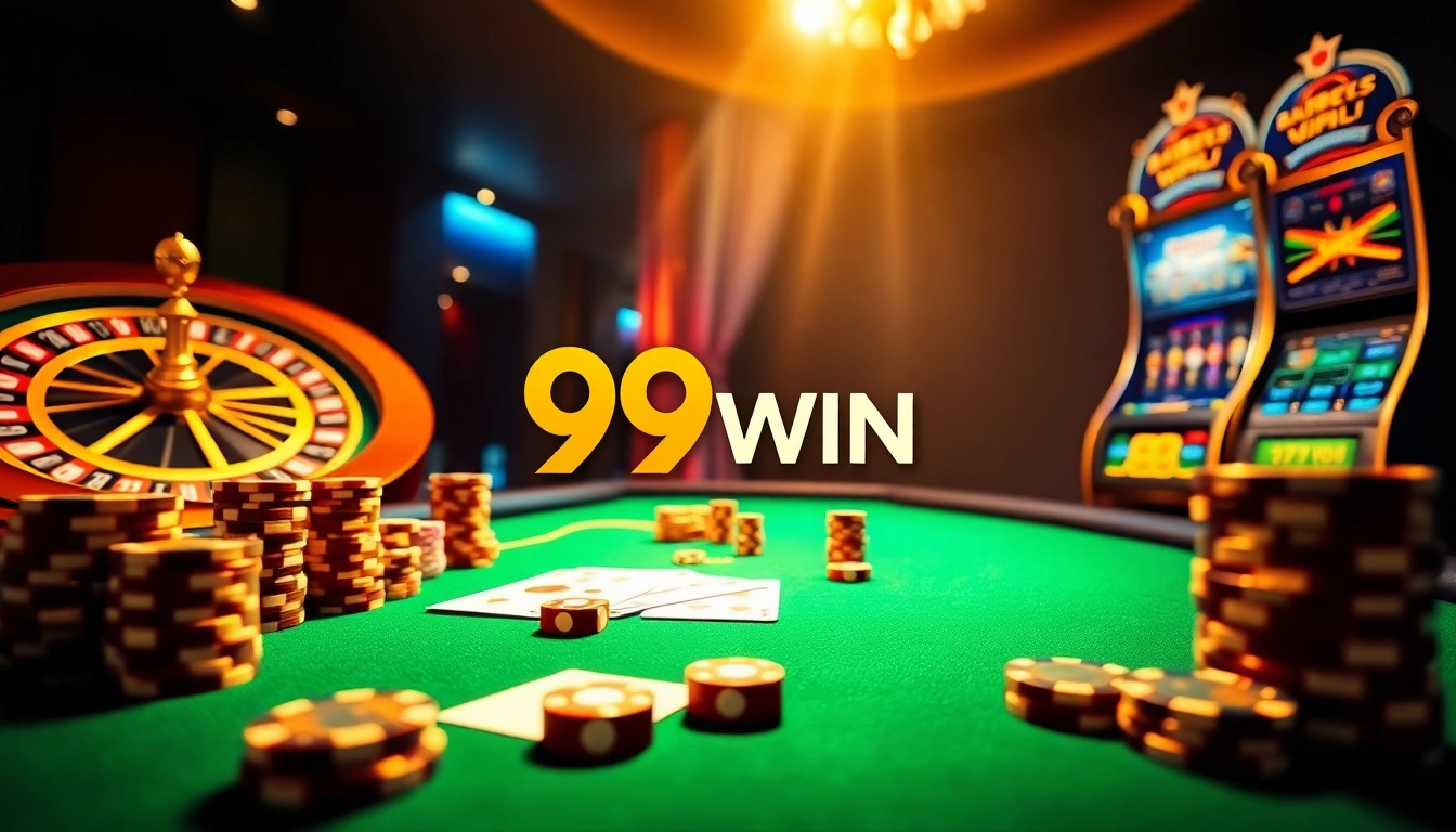 Engage in thrilling gameplay at 99WIN with dynamic casino visuals, including poker chips and roulette.