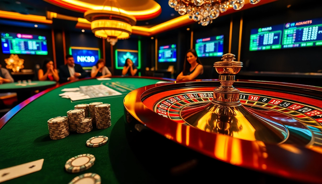 Players enjoying a lively game at NK88's luxurious casino table, showcasing excitement and engagement.
