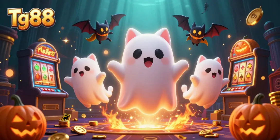 Engage in thrilling casino adventures with Tg88, featuring colorful ghost characters and vibrant slot machines.