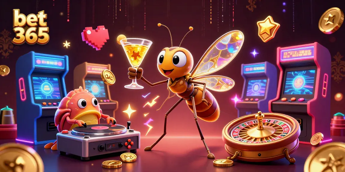 Bet 365 gaming experience, featuring a casino mascot, trilobite DJ, and a roulette wheel.