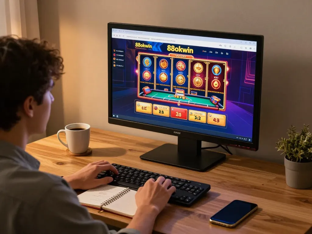 Engaged player using 88okwin online casino app on a sleek laptop, showcasing vibrant gaming graphics.