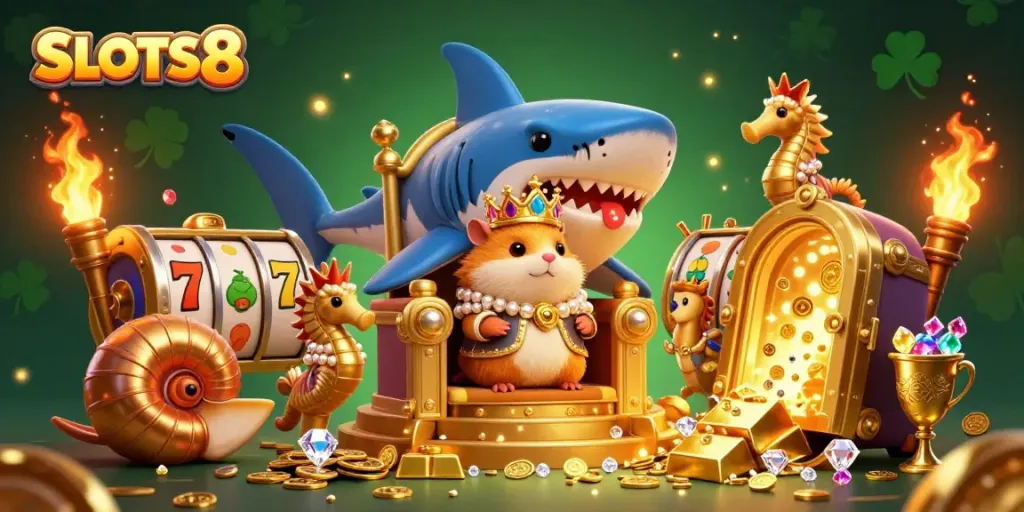 SLOTS8 delivers an engaging gaming scene featuring a hamster king and rich treasures in vibrant 3D illustration.