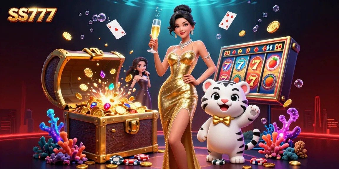 SS777 casino illustration showcases a glamorous woman and a lucky tiger cub surrounded by vibrant gambling elements.