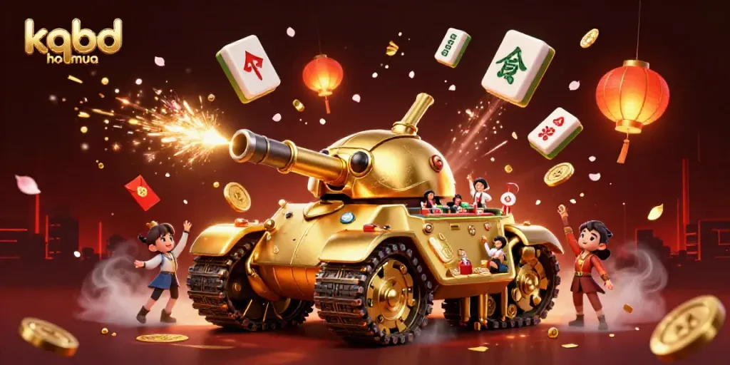 Experience kqbd hom qua with a dynamic casino-themed golden beetle tank illustration filled with festive elements.
