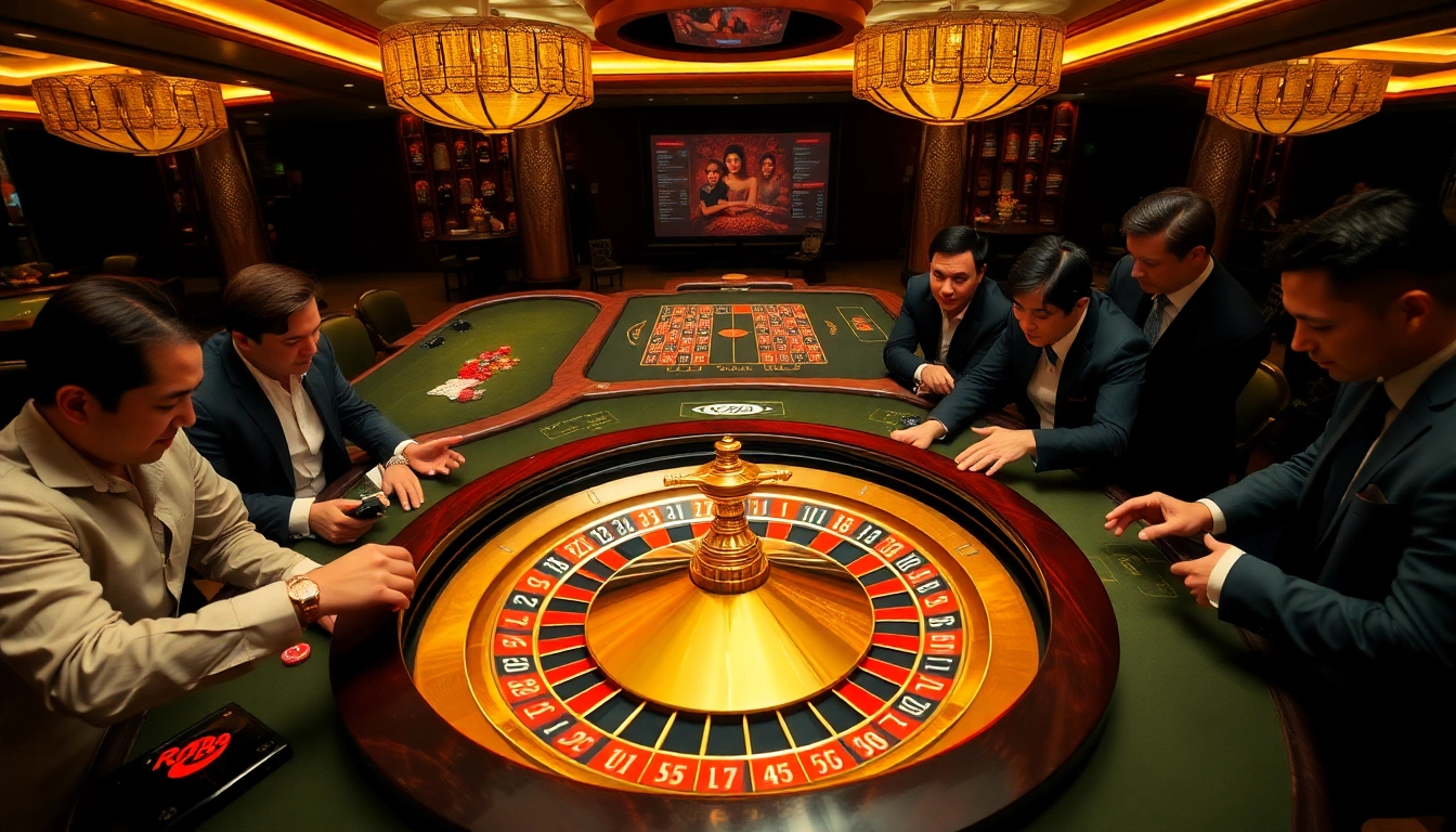 Experience the thrill of RR88 with players engaged around a luxurious roulette wheel.