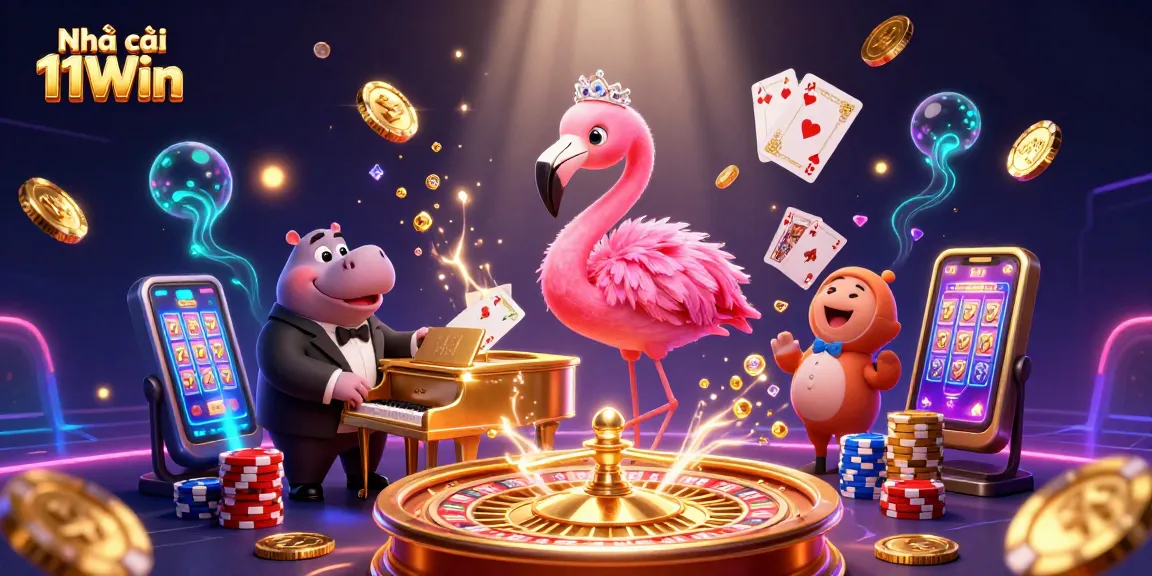 Engage with Nhà cái 11Win's vibrant casino scene featuring a flamingo singer and dynamic gaming elements.