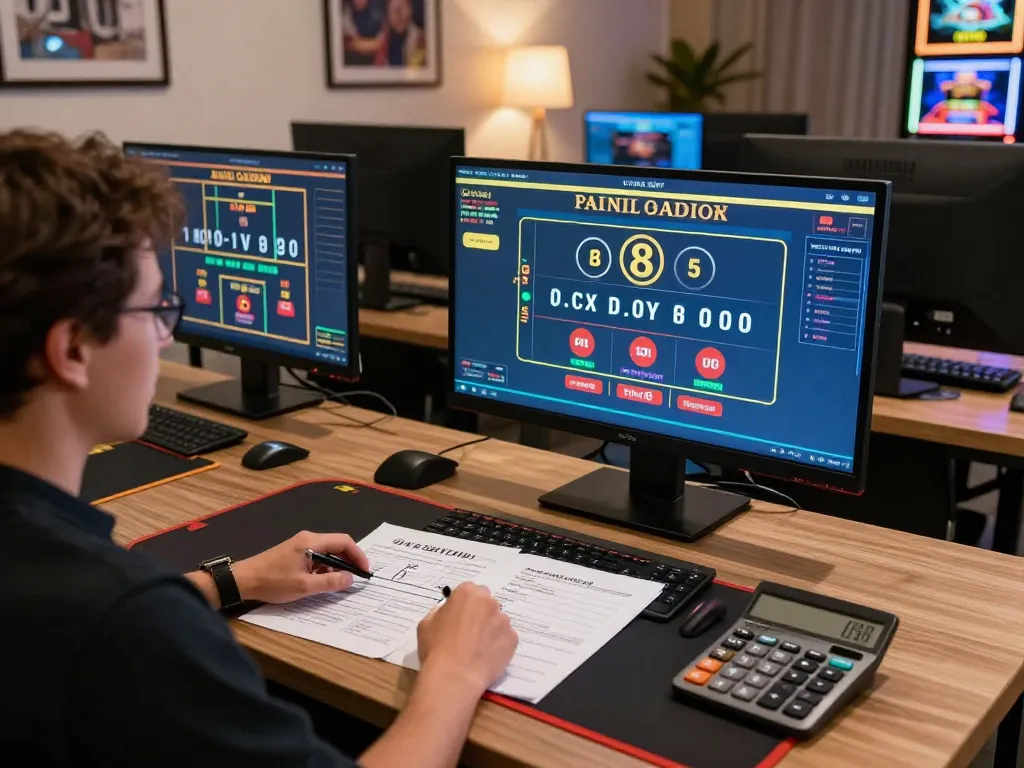 Play online casino games at LC88 with a dynamic professional gaming setup showcasing multiple screens.