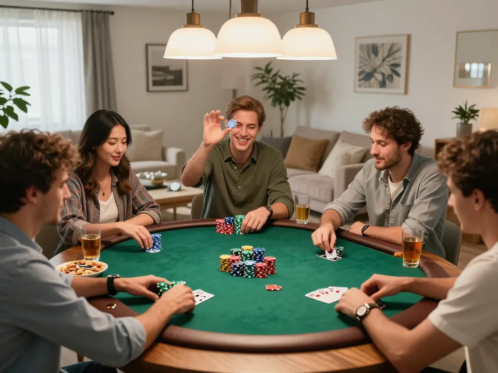 Players engaging in strategic poker gameplay around a table while enjoying drinks in a cozy home setting at F168 COM