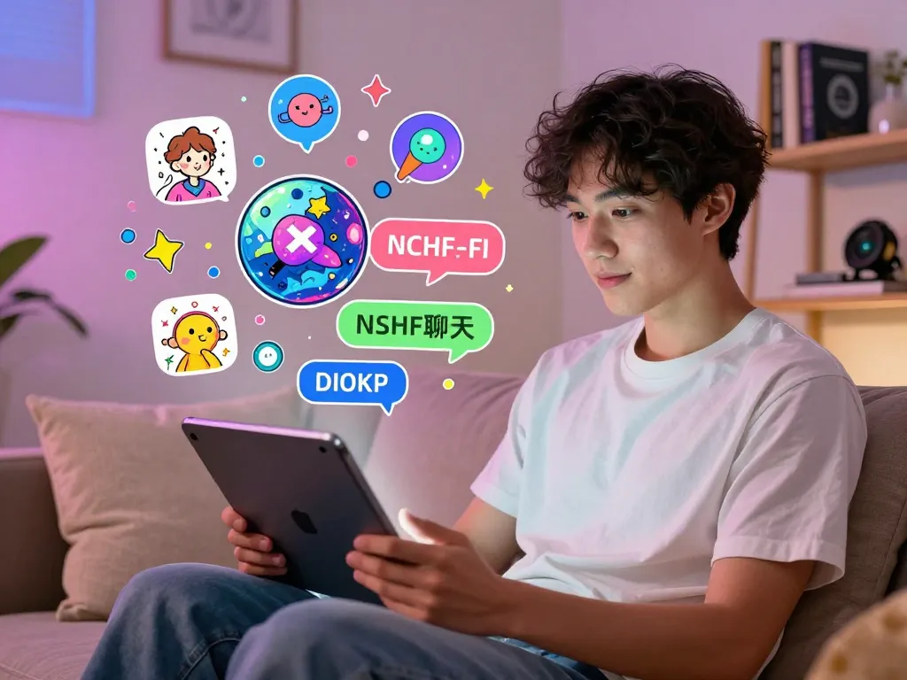 User engaging in an AI NSFW chat on a tablet surrounded by creative elements, showcasing a playful and inviting atmosphere.