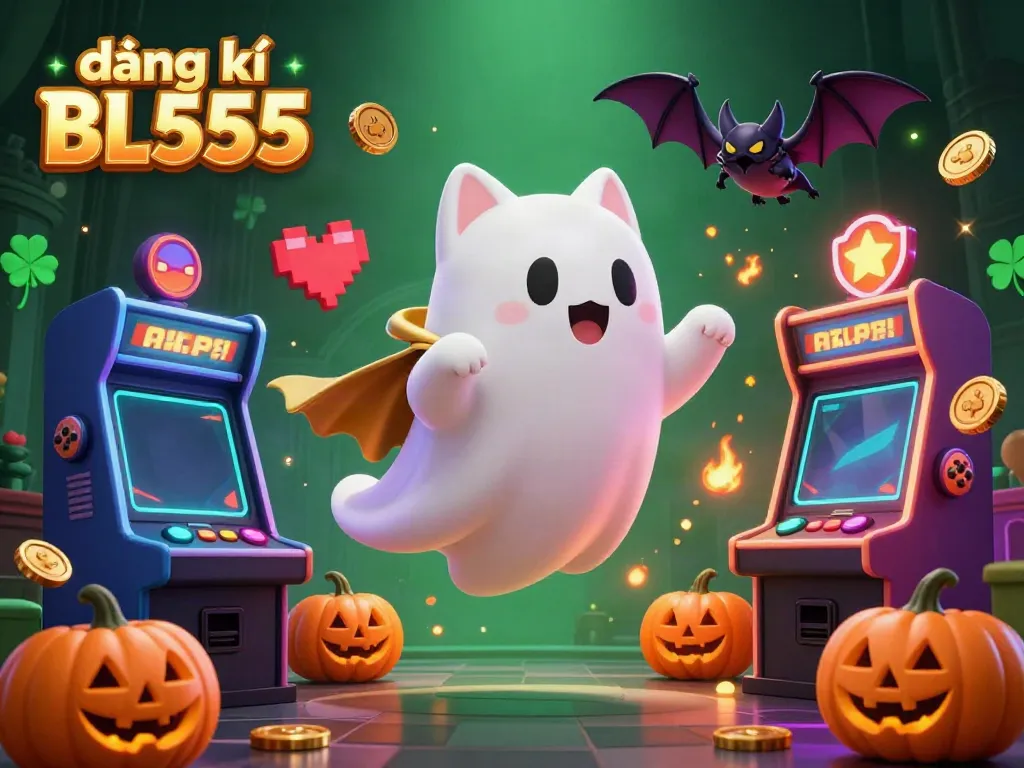 Win big with đăng kí BL555 in a vibrant haunted casino featuring a ghost cat and gaming elements.