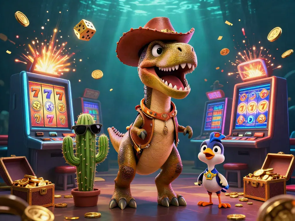 Spin for jackpots with ml88 in this vibrant casino scene featuring T-Rex, cactus, and roadrunner.