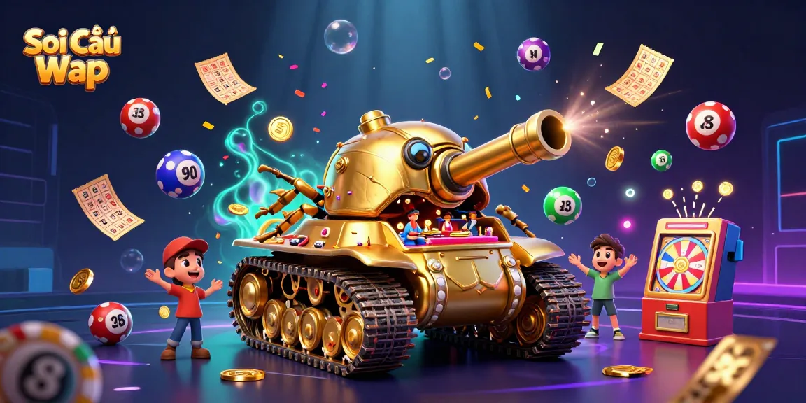 Soi Cầu Wap immersive scene with a massive golden beetle tank, colorful lottery balls, and vibrant game elements