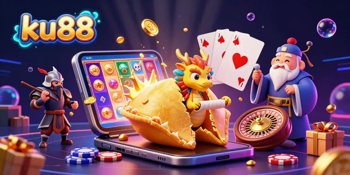 Engage with ku88's vibrant casino world, featuring a golden fortune cookie scene amidst dynamic gaming elements.