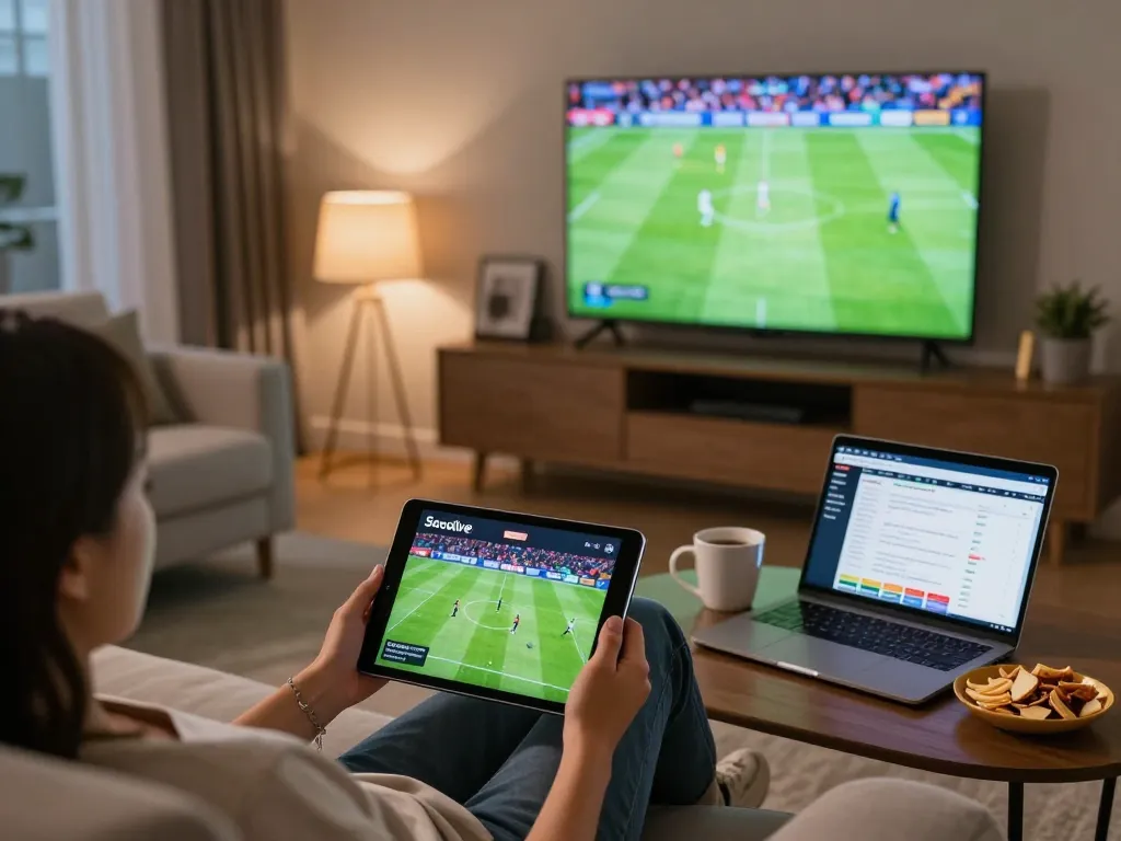 Person using Socolive link on tablet for live football streaming while relaxing at home.