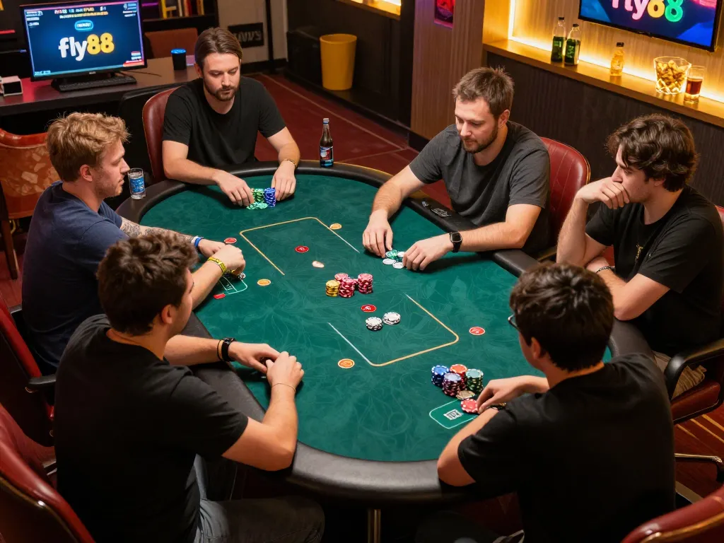 Action-packed poker game on Fly88 com platform, showcasing engaged players and strategic gameplay.