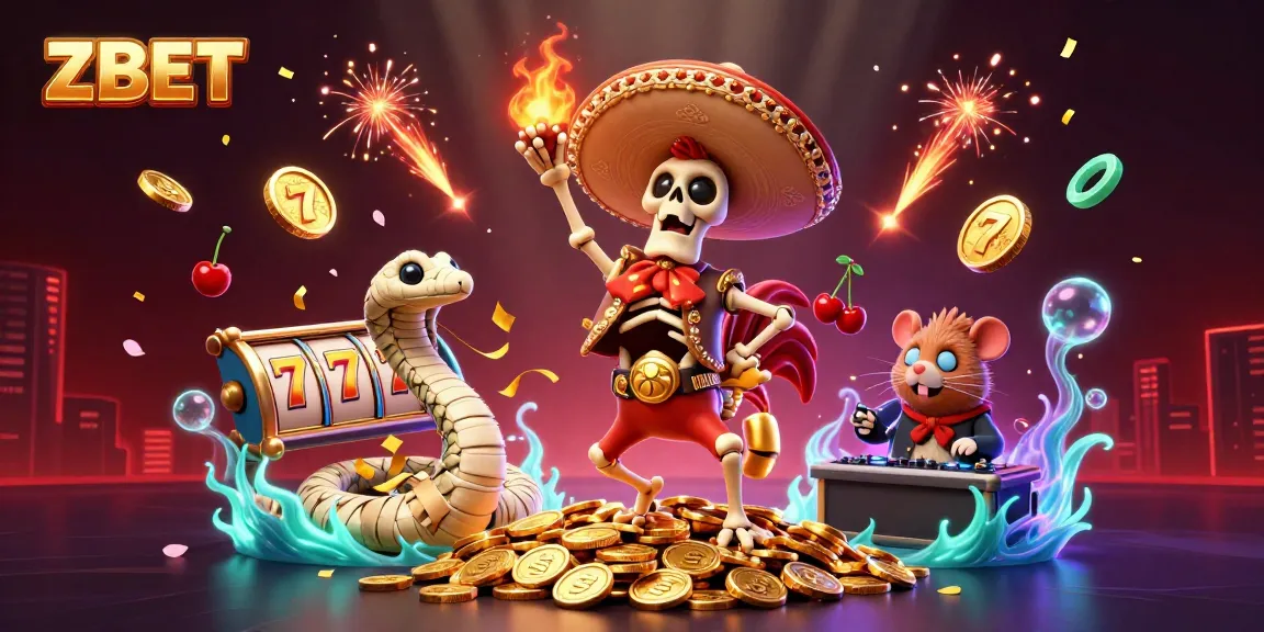 ZBET online casino illustration, featuring a dancing skeleton mariachi rooster amid golden coins and slot reels.