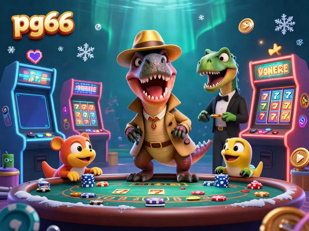 Betting action featuring pg66 with a cunning velociraptor card counter and playful game elements in a vibrant casino scene.