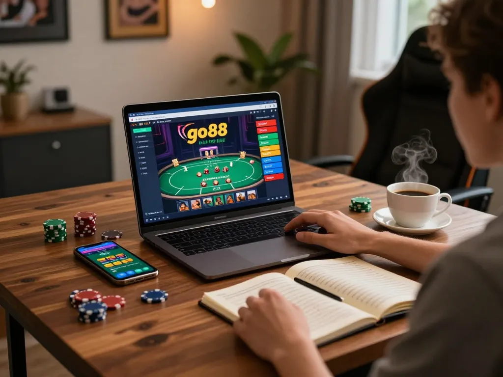 Player engaged in go88 online gaming session at home with laptop displaying poker game.
