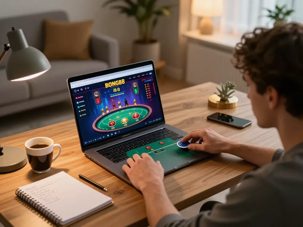 Engaging in strategic online gaming on BONG88v from a cozy home setup with a laptop.