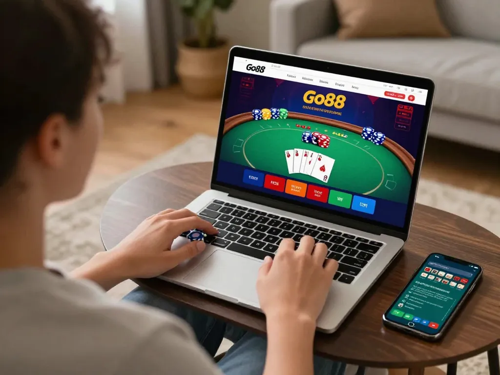 Engaging with the Go88 online casino app while tracking betting strategies in a cozy home setup.