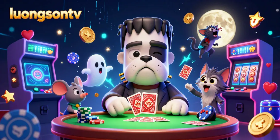luongsontv showcases a colorful casino scene with a Frankenstein bulldog monster dealing cards, combining fun gaming elements.