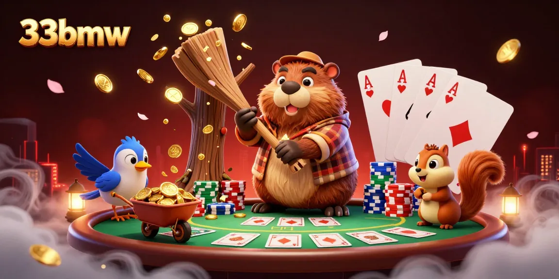 33bmw cartoon beaver wins big at the casino, showcasing lively poker elements and rich gaming atmosphere.