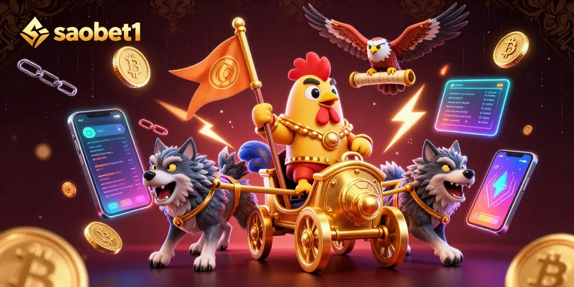Experience thrilling gameplay at saobet1 with a vibrant 3D casino scene showcasing blockchain elements and energetic characters.
