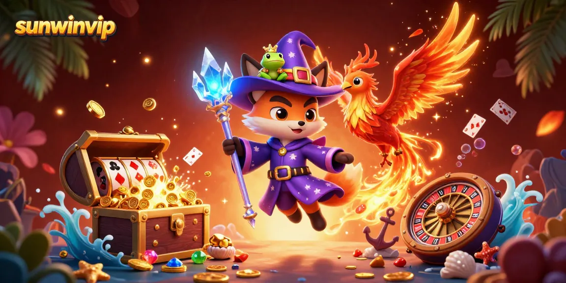 Explore thrilling casino adventures with sunwinvip in a vibrant multi-character scene featuring a wizard fox, phoenix, and treasures.