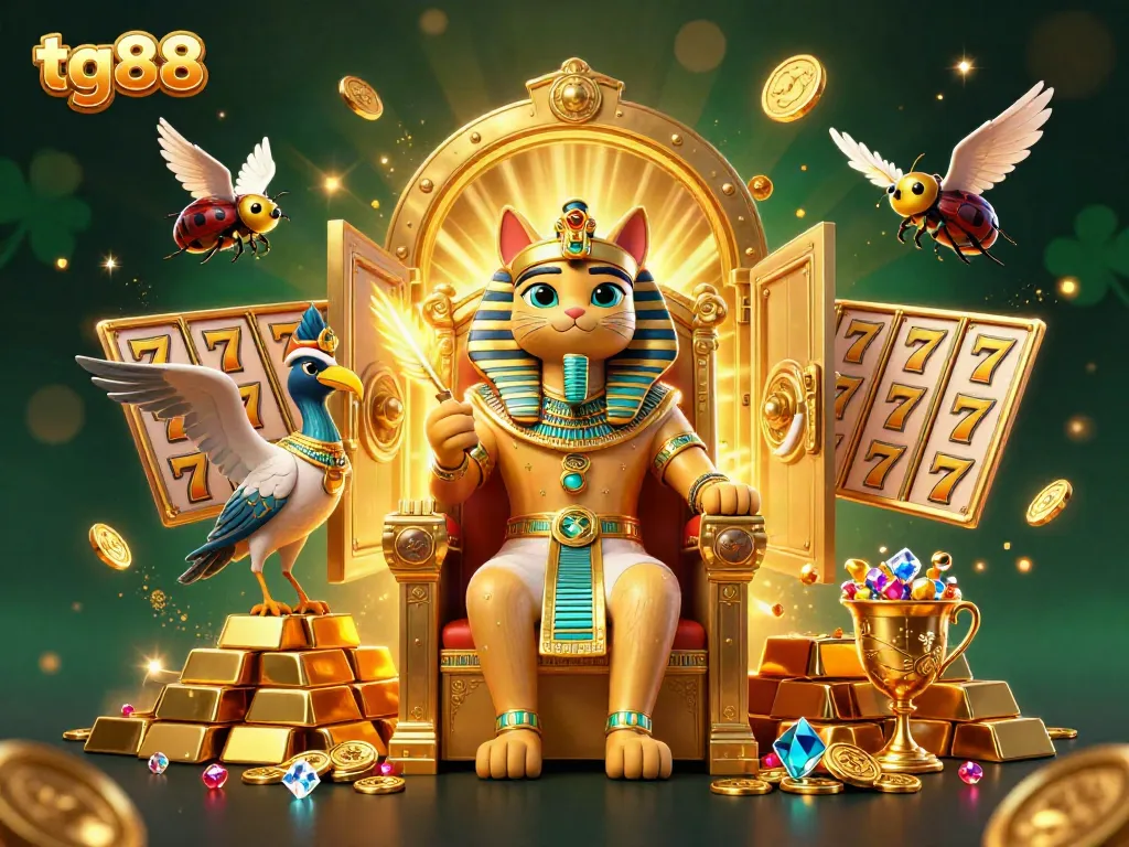 Play exciting games at tg88 with the Egyptian pharaoh cat surrounded by treasures and jackpots.